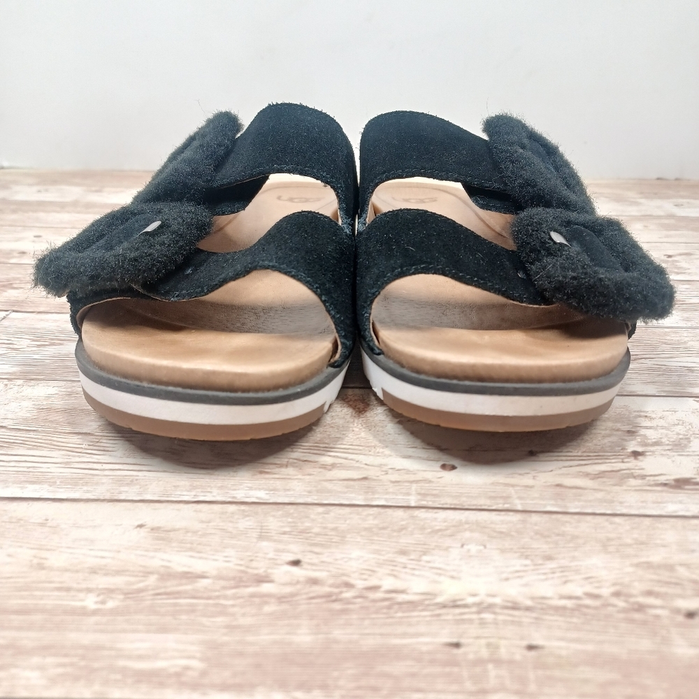 UGG Suede 2 Strap Slide On Sandals Fuzzy Buckle Women's Size 7 Black - Picture 12 of 14